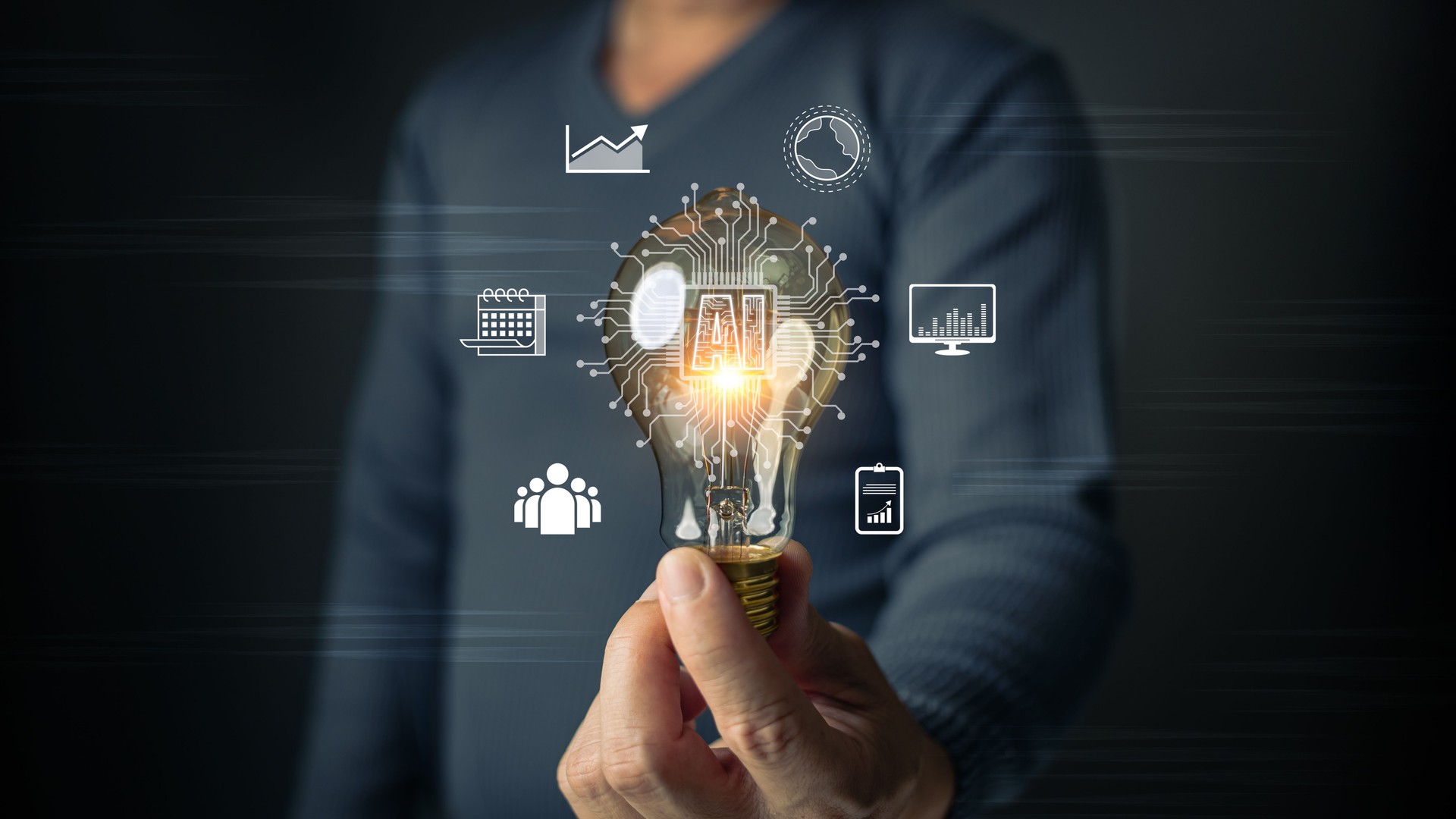 A man holds a glowing lightbulb embedded with AI circuits, surrounded by icons representing innovation, growth, data, teamwork, and progress, symbolizing the fusion of technology and creativity.
